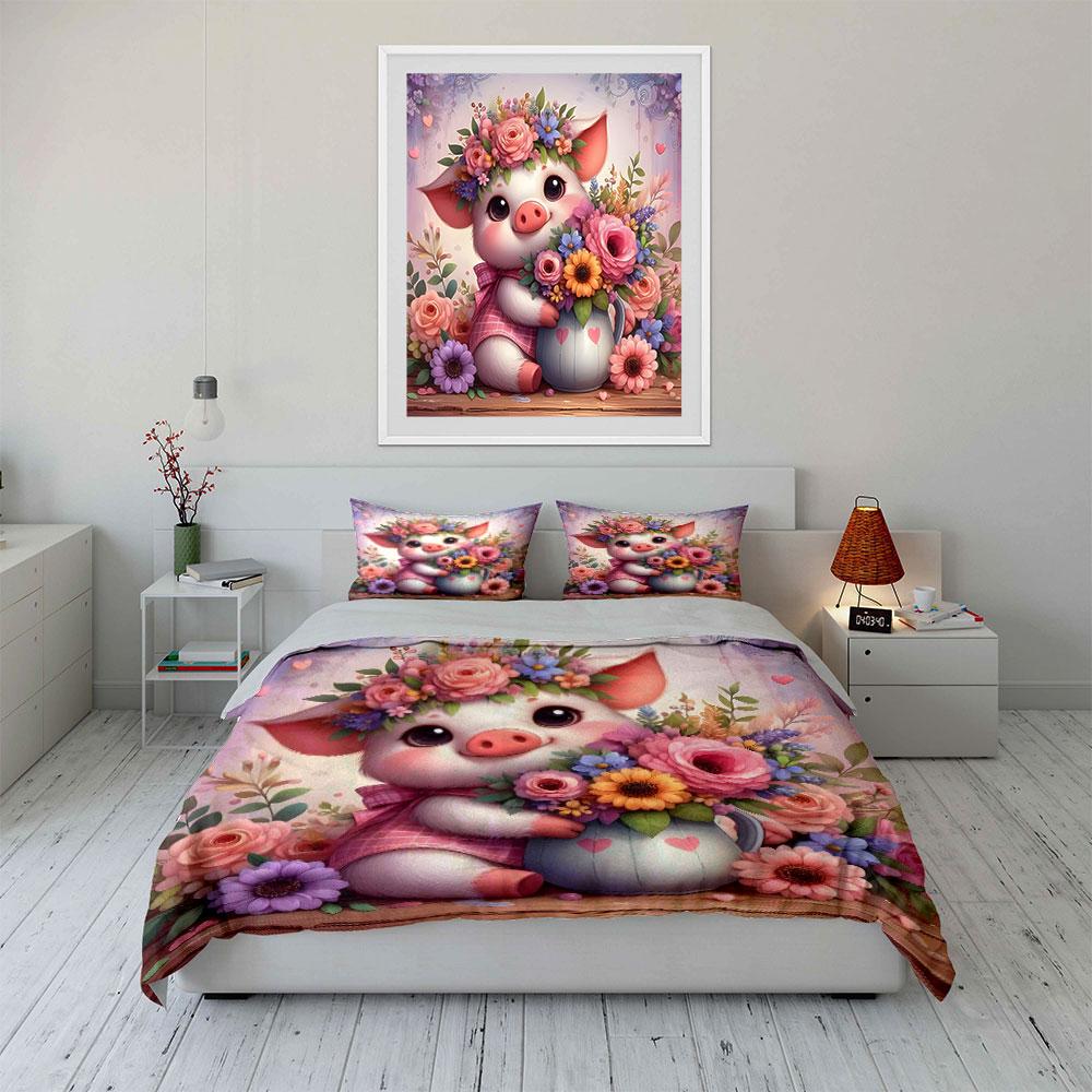 Cute pig with floral artwork Print Bedding Set 1 Duvet Cover 2 Pillowcases for Adult and Children Luxury Gift Full Size