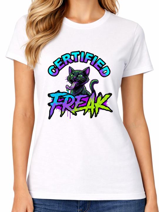 Certified Freak Cat T-Shirt Funny Neon Freaky Gothic Top Kitty Ladies Tee 4XL