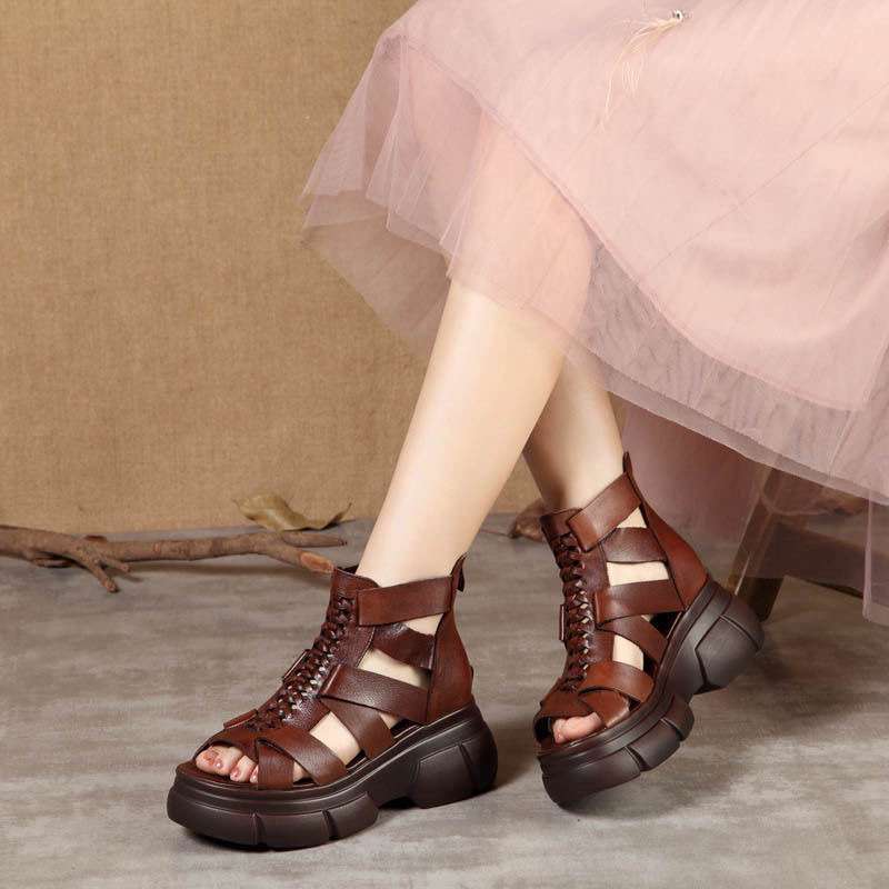 Summer new retro handmade leather thick-soled cool boots women's high-heeled hollow soft leather sandals wedge heel fish mouth Roman shoes