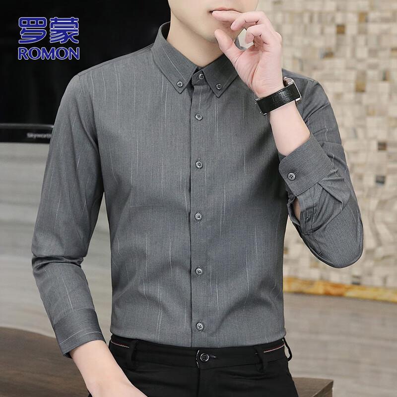 ROMON Men s Autumn/Winter Business Casual Slim-Fit Long-Sleeve Shirt 2XL