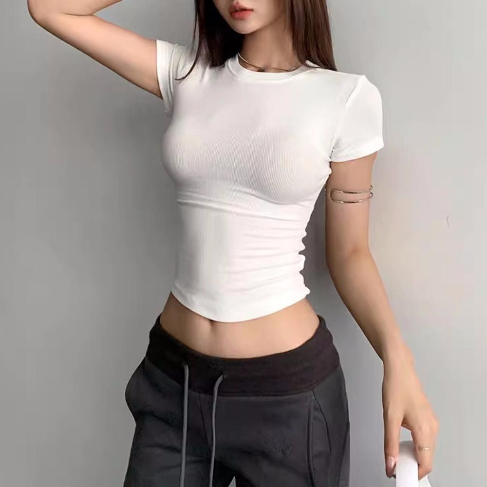 Summer Women Short Sleeve T Shirts Tight Thread High Elasticity Solid T-shirt O Neck High Waist Crop Top Tee Female Casual T Shirt