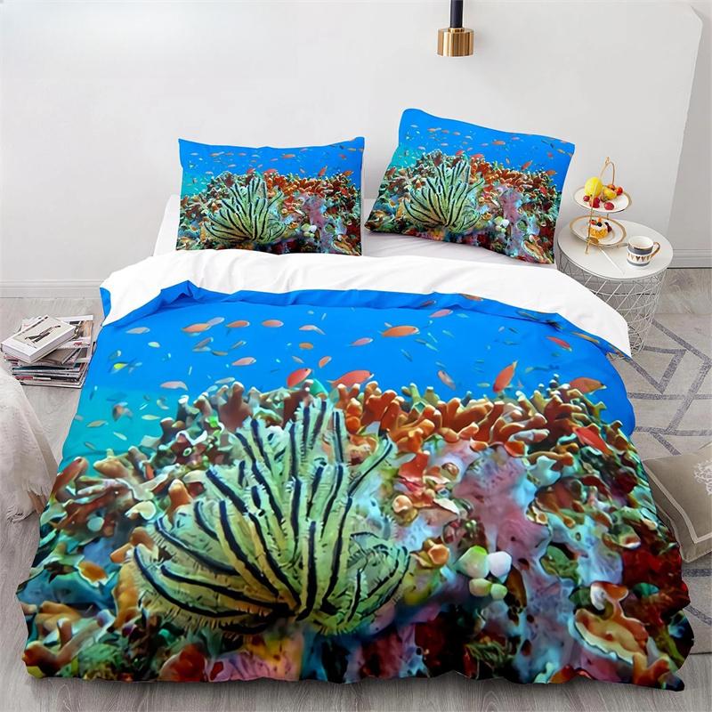 Underwater World King Queen Duvet Cover Cartoon Ocean Animal Bedding Set For Kids Fish Coral Sea Life Soft Polyester Quilt Cover