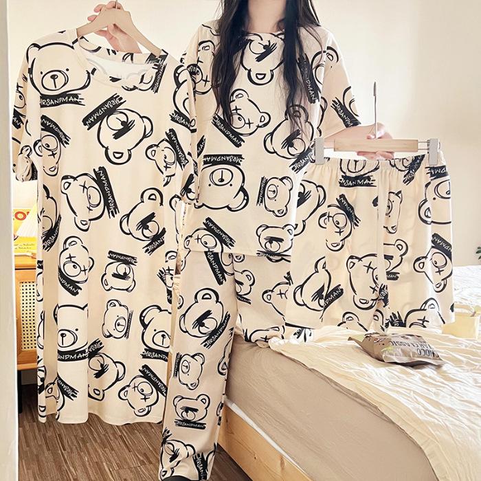 Women's Summer Cotton-Feel Short-Sleeve Nightdress & Pajama Set
