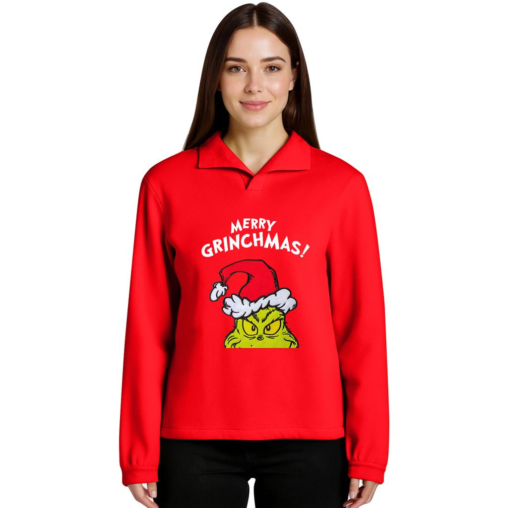 Women's Stand-up Collar Long-sleeved Pullover Top, Christmas Print Sports Top