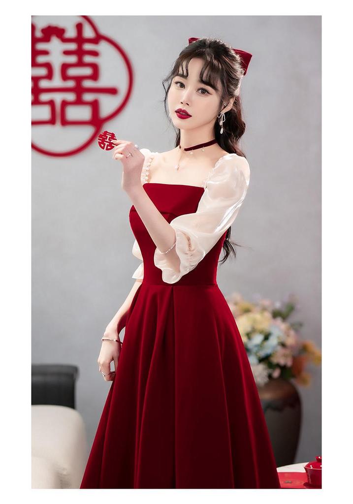 Robe d'été formelle courte haut de gamme couleur bordeaux - Tenue de toast ou tenue quotidienne pour la mariée 2025