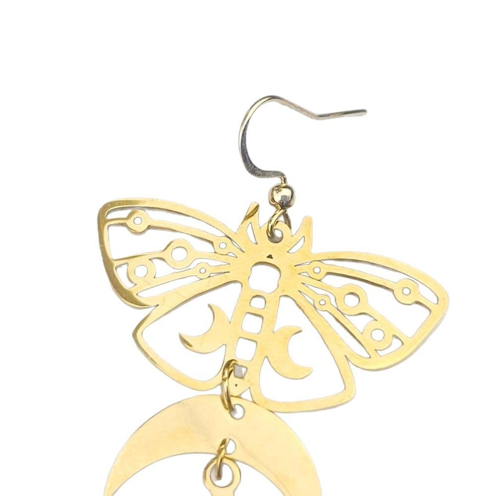 Bohemia Charm Gold Color Hollowed-out Moth Crescent Moon Sun Moonstone Pendant Dangle Earrings for Women Stainless Steel Jewelry