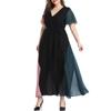 Women's Fashion Casual V-neck Collision Color Stitching Lacing Large Size Dress