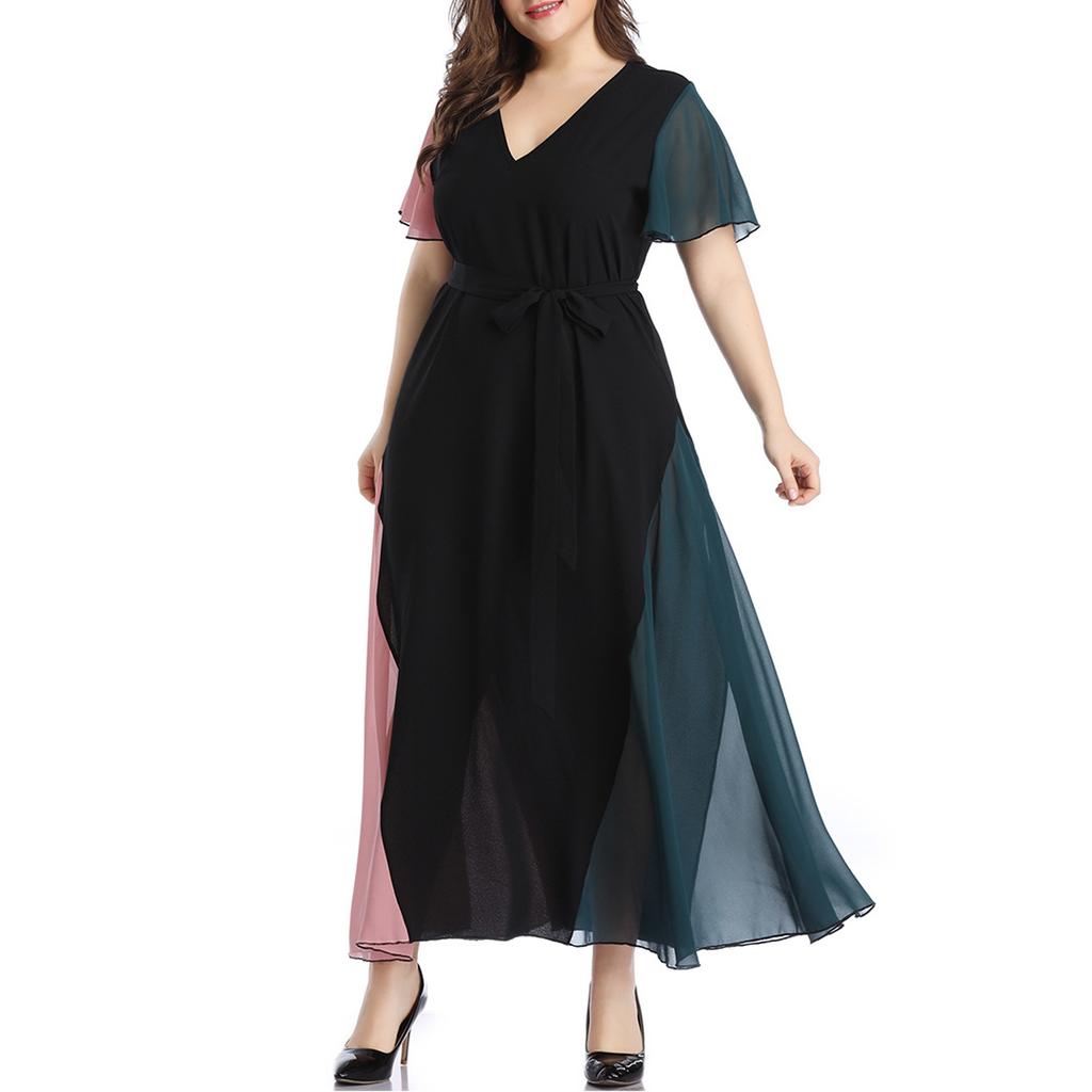 Women's Fashion Casual V-neck Collision Color Stitching Lacing Large Size Dress