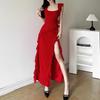 2026 European and American style eBay autumn and winter new sexy fashion backless suspender medium and long split dress