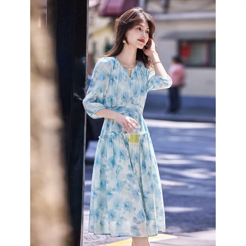 Awakening Paradise Summer French Style Floral Chiffon Midi Dress