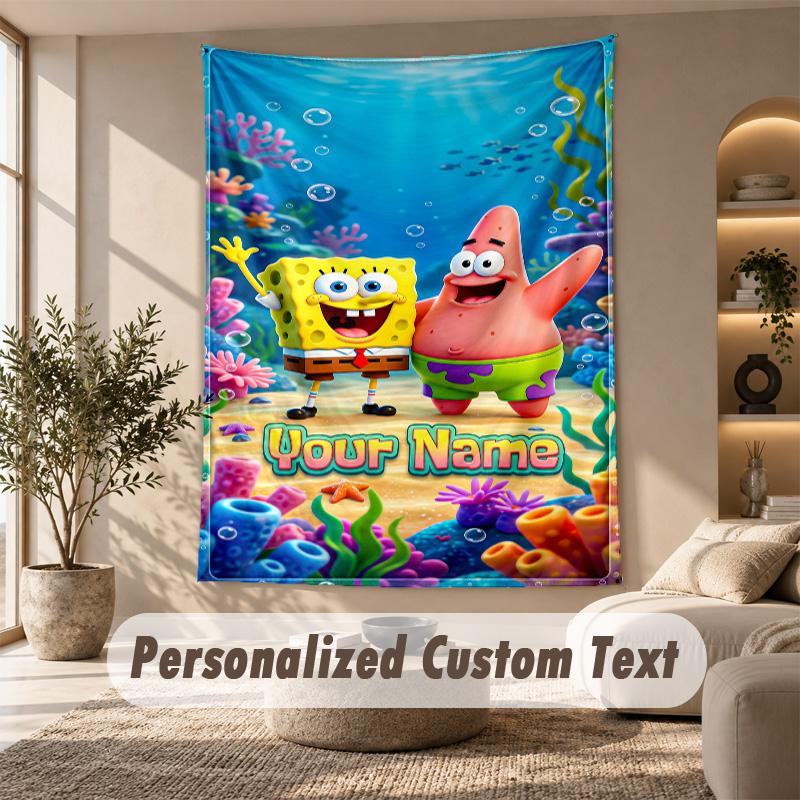 SpongeBob Tapestry, Personalized Custom Text, Wall Hanging Tapestry For Living Room Home Wall Decor