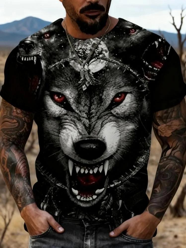 Men's Gothic Tribal Wolf Graphic Tee, Triple Wolves with Moon and Chains, Breathable Short Sleeve for Street and Biker Style