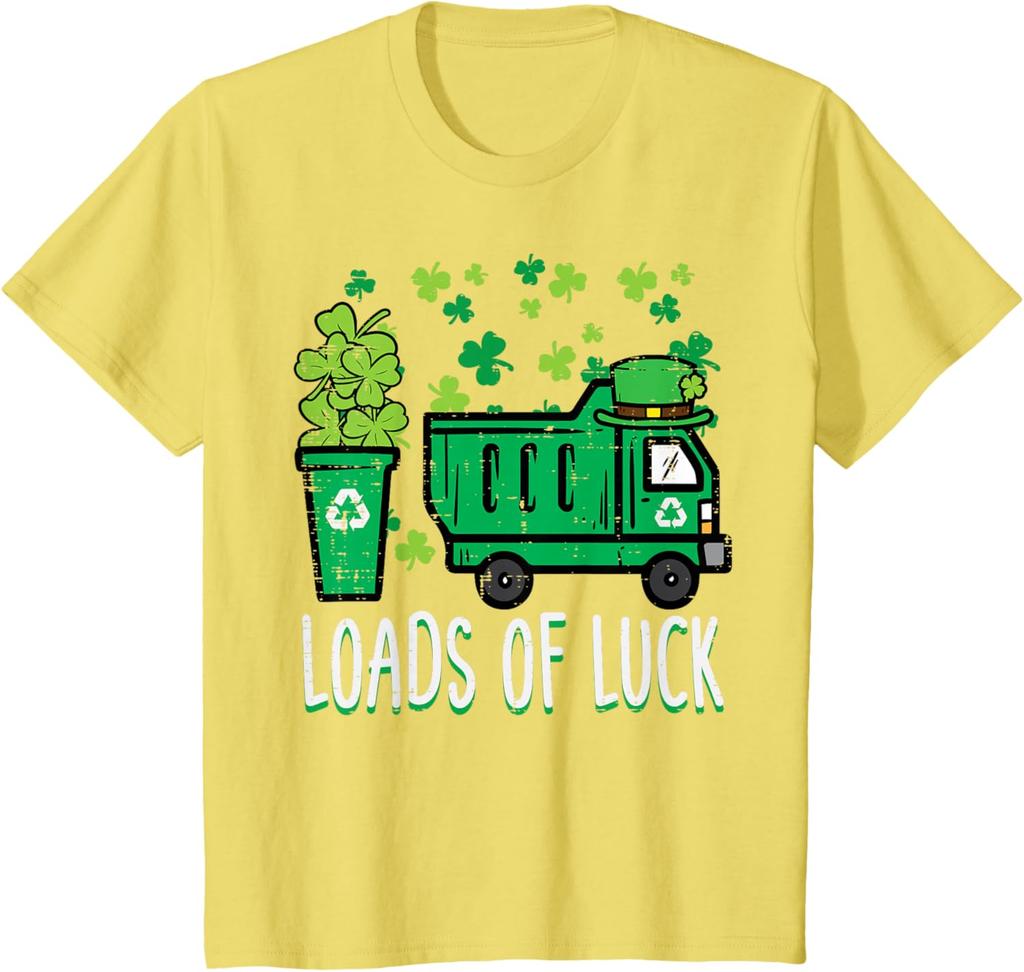 Garbage Truck Loads Of Luck St Patricks Day Graphic Tee Recycle Theme Short Sleeve T-Shirt