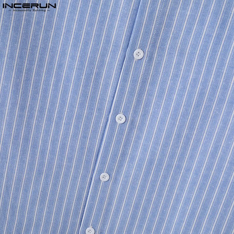 Oversized Men Incerun Neck Lapel Long Sleeve Striped Casual Loose Shirts Tops