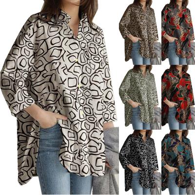 Women's  Casual Fashion Print Single-breasted Lapel  Stitching Long-sleeved Loose Shirt