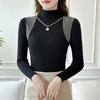 Women's Half Turtleneck Sweater Rhinestone Hollow Knit Pullover Sweater Autumn and Winter Solid Color Slim Fit Sweater Top