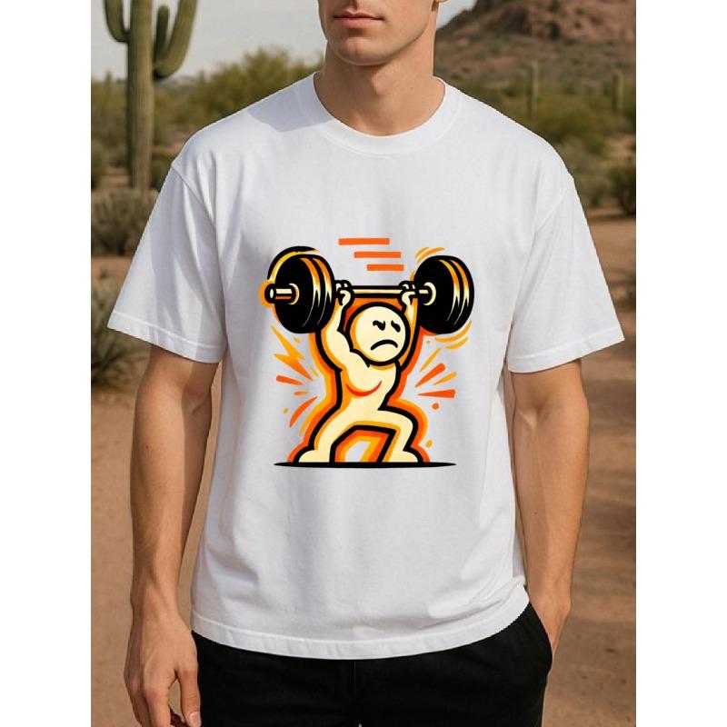 

European sizes Men s Gym Weightlifting Barbell Curl Print T-Shirt - Casual Fitness Tee with Weight Training Design, Short Sleeve Round Neck Shirt 4XL білий