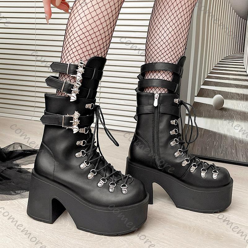 Comemore Punk Goth Women Motorcycle Boots Belt Buckle Thick Bottom Platform Shoes Woman Black Cool Street Mid-calf Botas Female