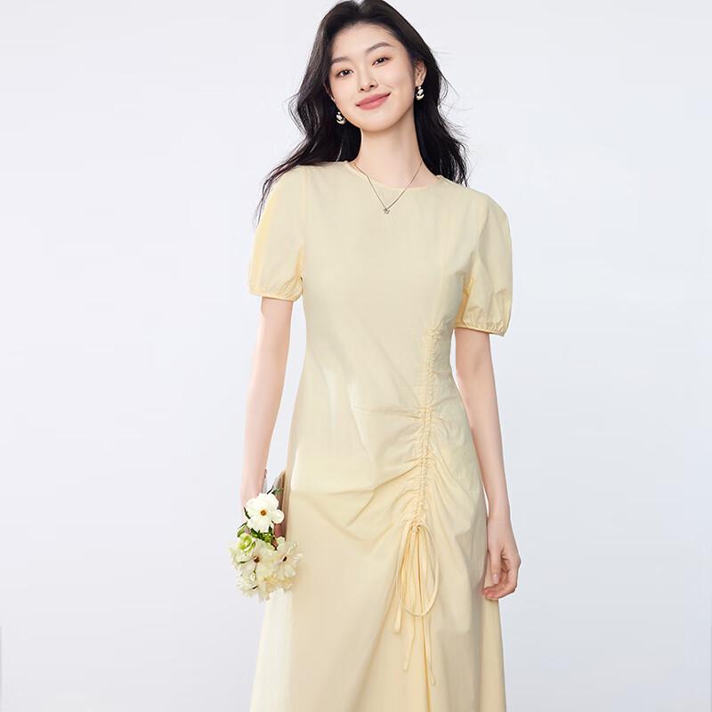 JOY SPEAKER Women's 2025 Summer Round Neck Pleated Waist Midi Dress