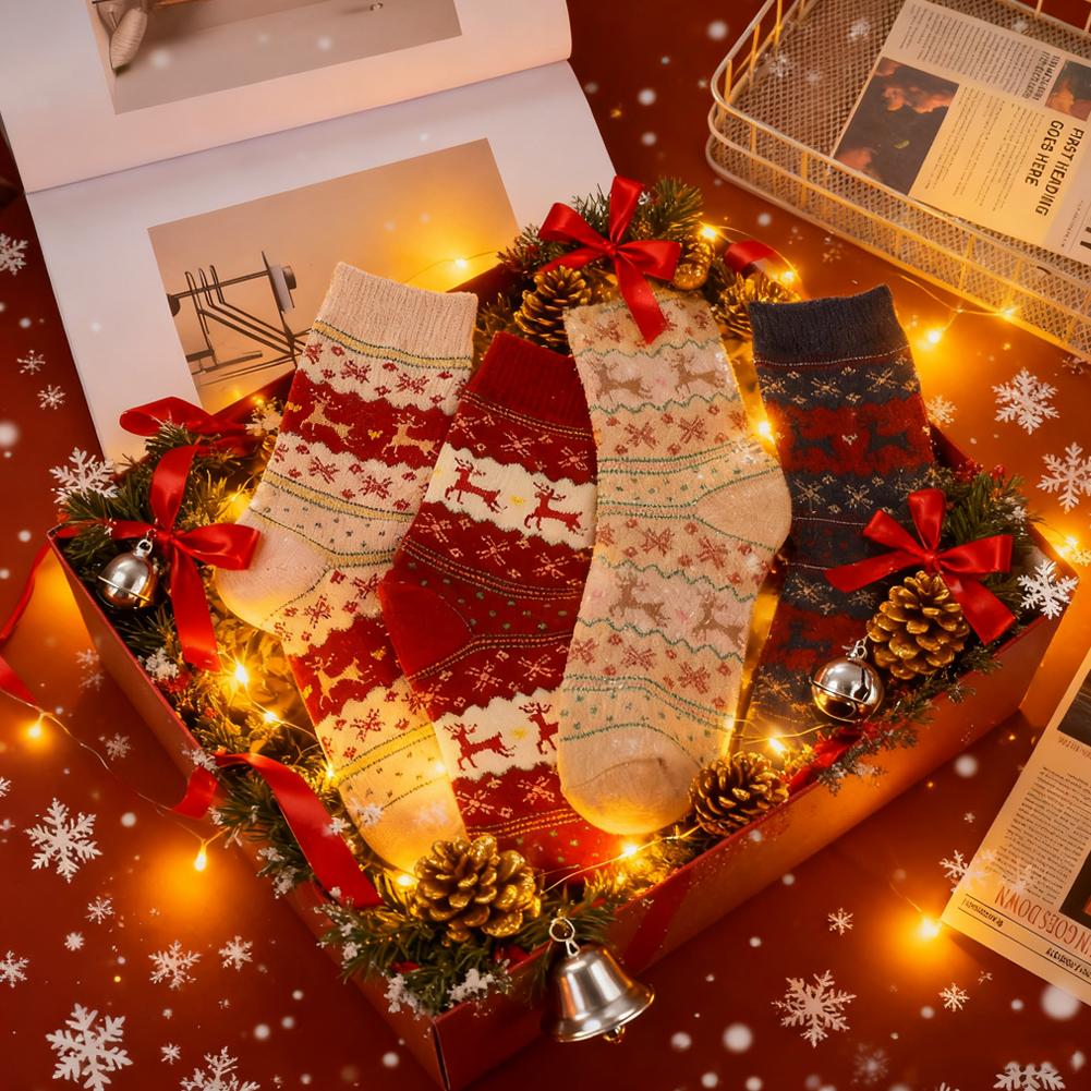 5 Pairs Women Winter Warm Socks Retro Fashion Middle Tube Deer Print Thick Rabbit Sheep Wool Socks Christmas Elk New Year's Sock