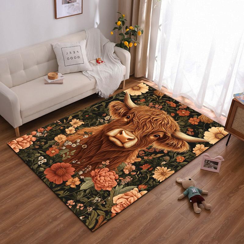 "Highland Cow with Floral Background Art - Non-slip Rug Suitable for Living Room and Bedroom Sofas Sofas"