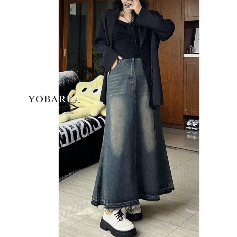 Spring 2025 High Waisted Distressed Denim Midi Skirt - Retro A-Line Design