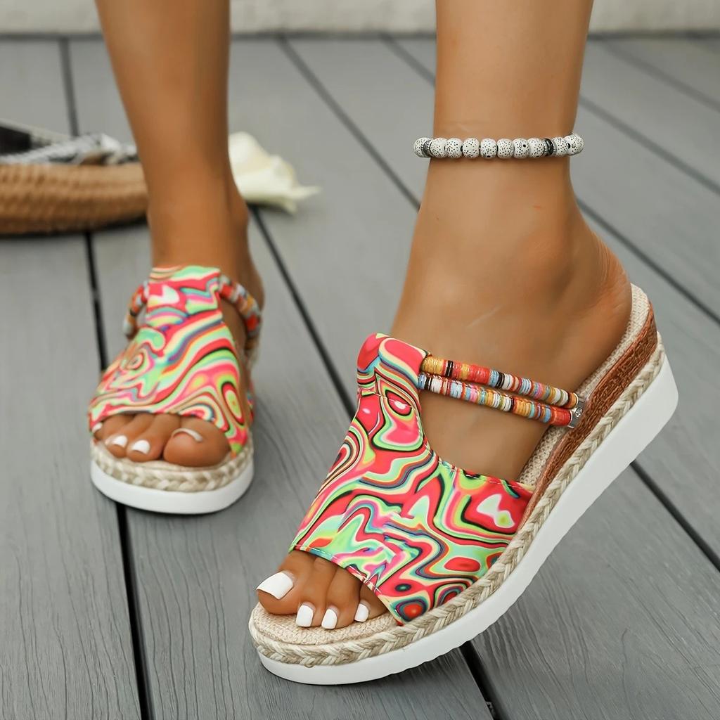 Fashion Rainbow Graffiti Wedge Heels Sandals for Women Summer 2025 Peep Toe Platform Sandals Woman Buckle Strap Thick Bottom Beach Shoes