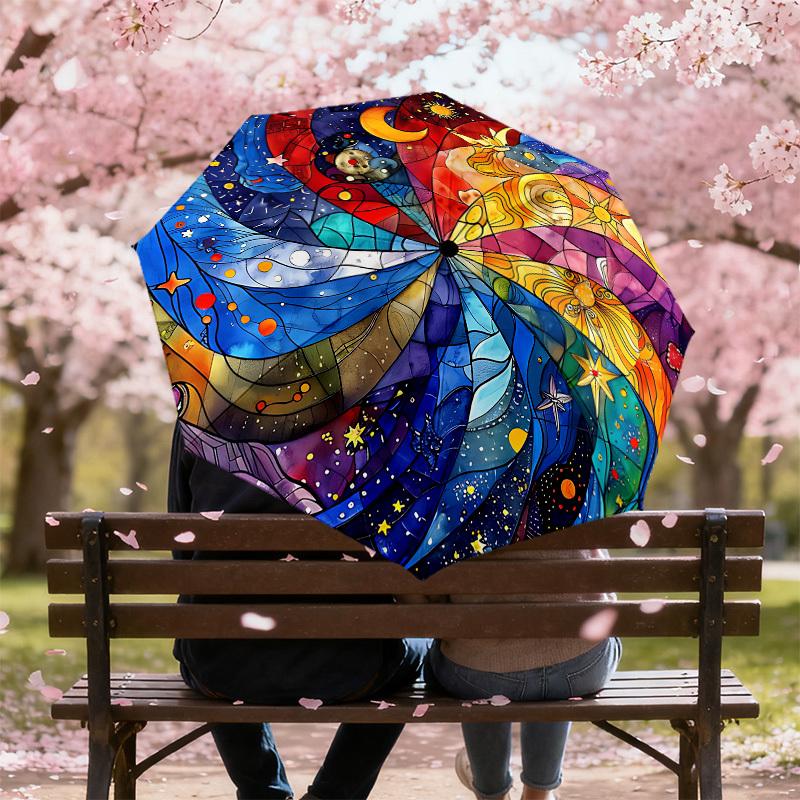 1PC Stained Glass Mandala Automatic Open/Close Umbrella with Windproof, 8-Rib Sturdy Canopy, Durable Ribs, Fashionable Design,1255A