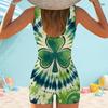 Women Plus Size Square Neck Wide Straps One Piece Boyshort Swimsuit Green Clover Printed