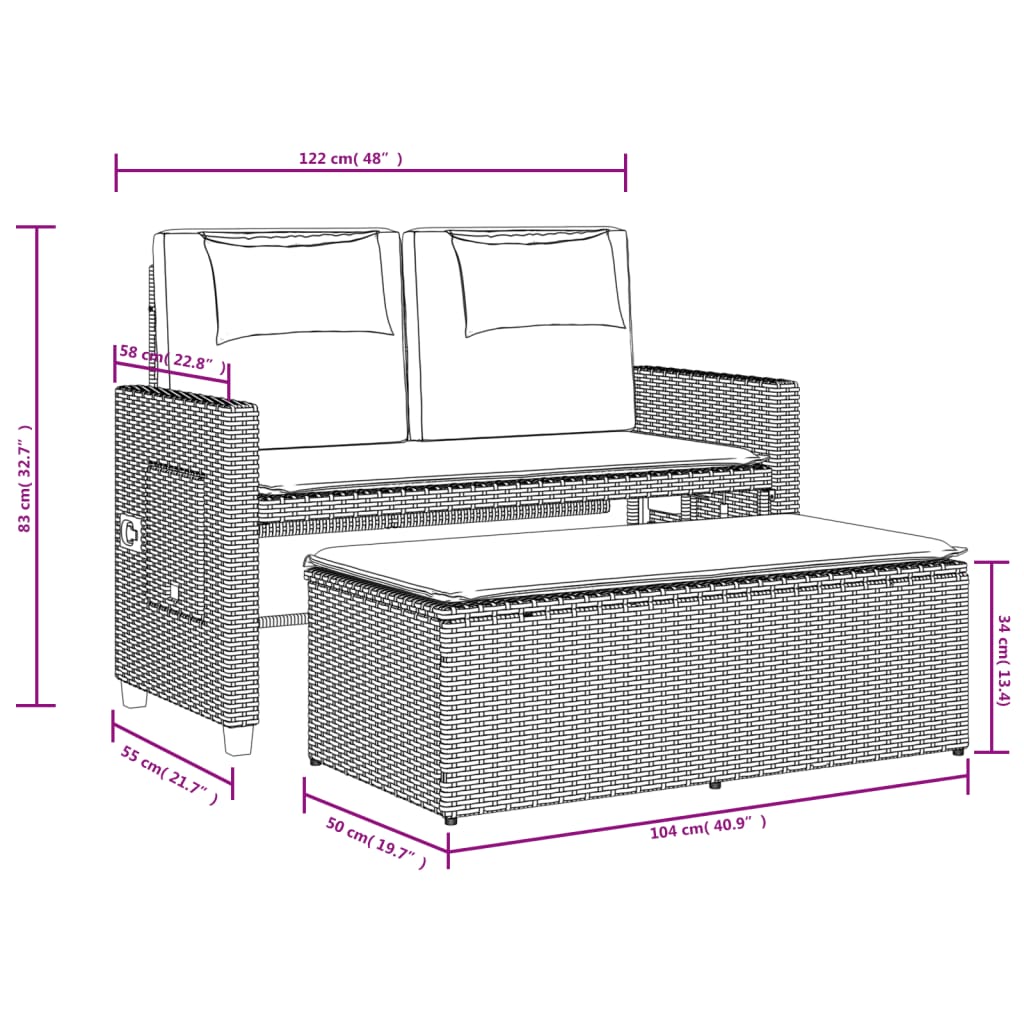 Adjustable Garden Bench with Cushions Beige Poly Rattan