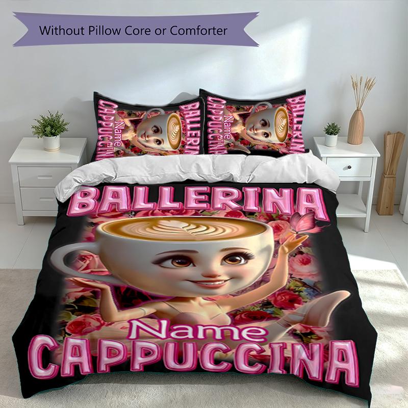 3pcs Custom Name Ballerina Capuchina Set,Includes 1 Duvet Cover and 2 Pillowcases,All-season Bedroom Decor