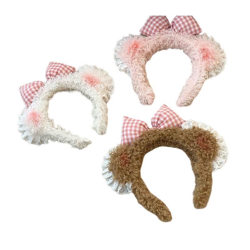 Autumn And Winter Bow Plush Cute Bear Lace Edge Headband Female Face Wash Headband High Skull Top Hairpin Advanced Sense