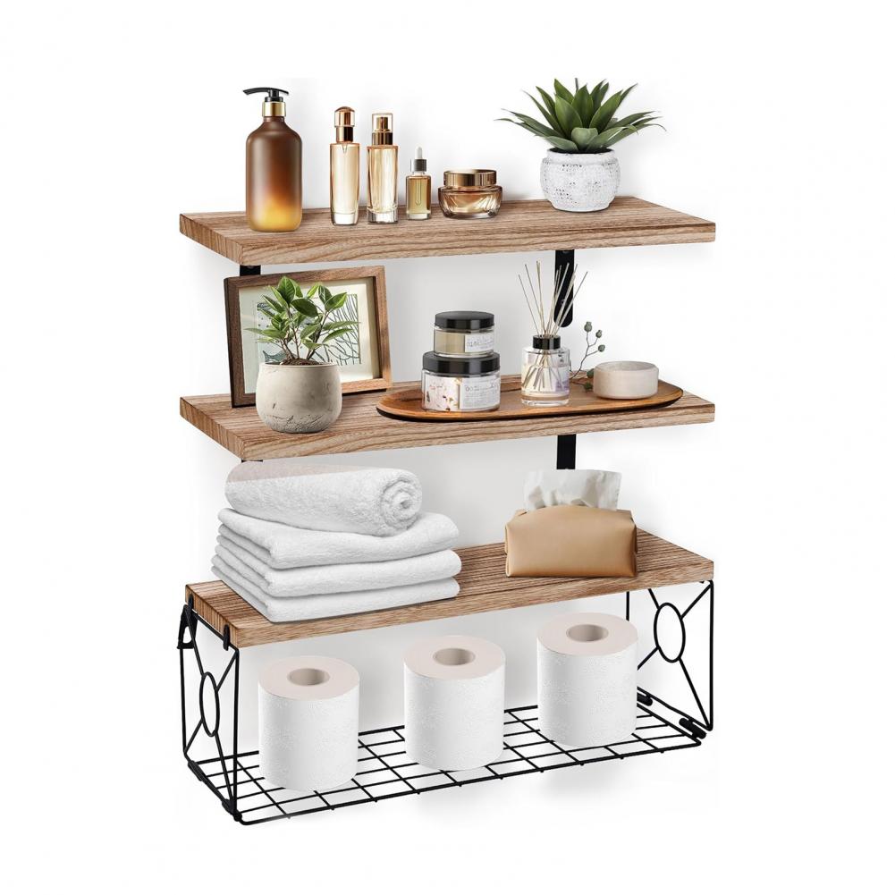 Wall Mounted Shelf Rustic Wooden Bathroom Wall Shelf with Metal Basket Over Toilet Floating Storage Organizer Rack for Home