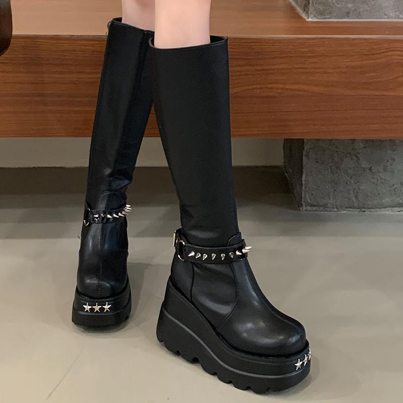 Women Knee High Boots Winter Platform Women Thigh High Boots Fashion Belt Buckle Long Booties Vintage Square Ladies Shoes