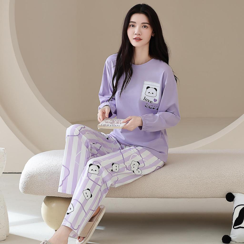 100% Cotton Women's Pajama Set – Breathable, Sweat-Absorbent, Long Sleeve Crew Neck for Indoor & Outdoor Wear (Autumn/Winter)