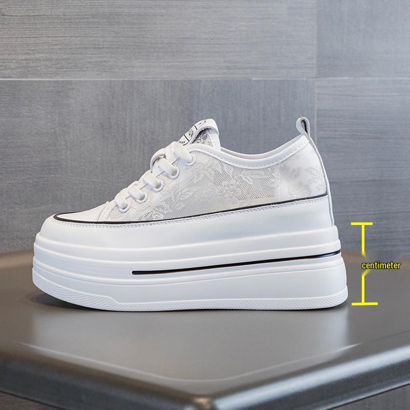 

New Women s 8cm Platform White Low-Top Lace-Up Breathable Shoes Size 33