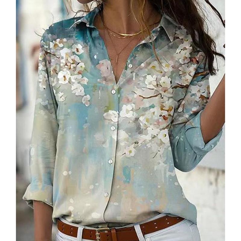 

Модная свободная блузка с цветочным принтом на пуговицах, повседневные топы с отложным воротником и длинными рукавами, элегантная офисная женская голубая рубашка 26267