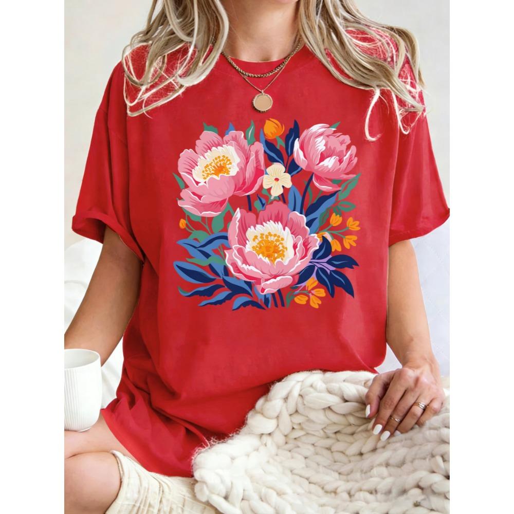 Estetická ilustrace Květiny pivoňky Potisk Dámská trička Hip Hop Vícebarevné tričko Bavlněné oblečení Letní Oversized top