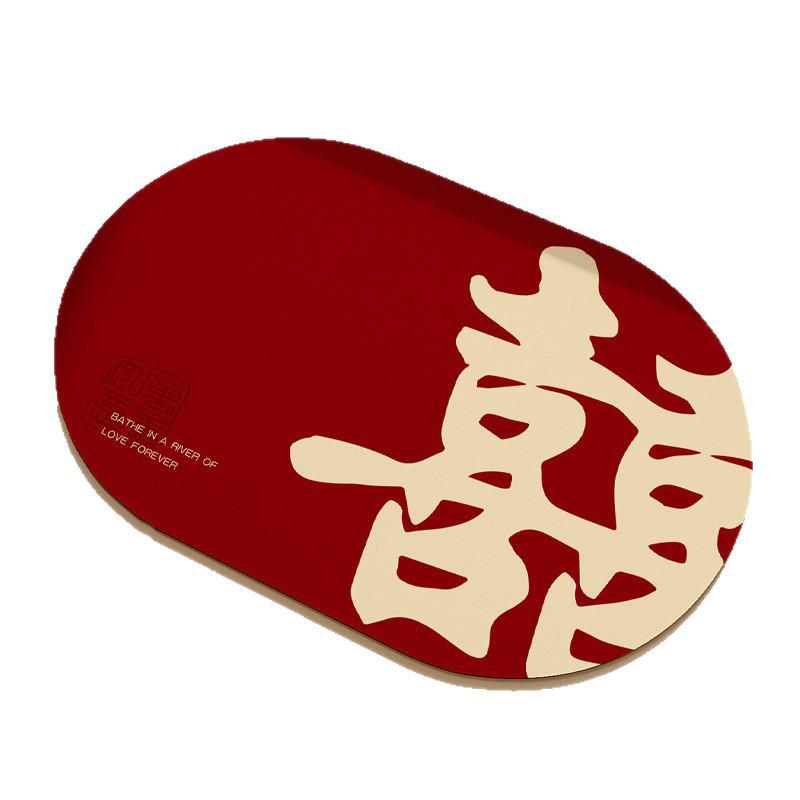 Festive Red Diatomaceous Earth Water-Absorbing Anti-Slip Oval Bathroom Mat