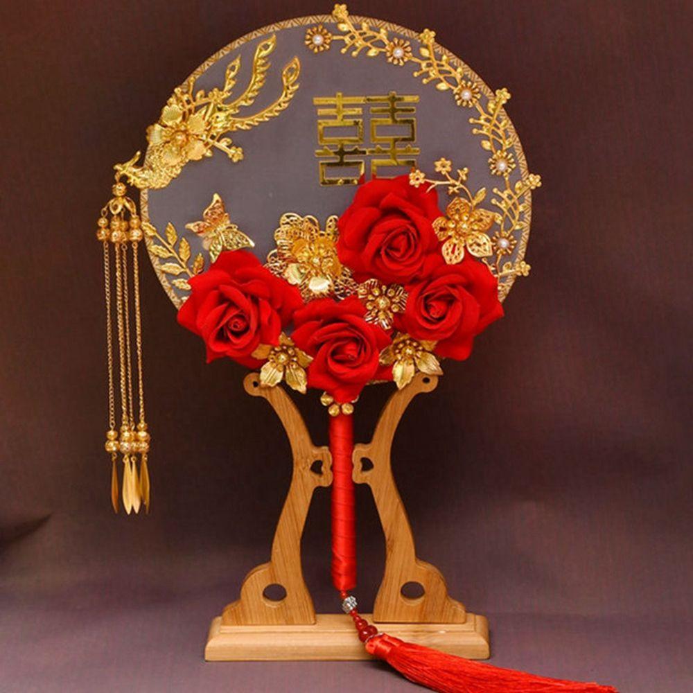Vintage Decoration Prop For Bride Gold Red Bridesmaid Decor Craft Bouquet Photography Ornaments Fan