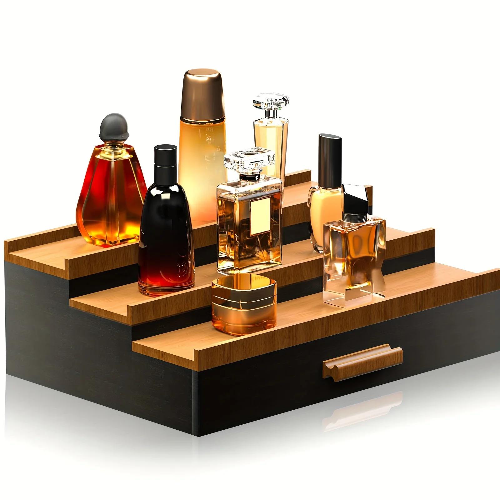 

3-Tier Black Walnut Cologne Organizer with Drawer Elegant Men s Perfume Display Stand Artisanal Storage Showcase for Home Decor чёрный