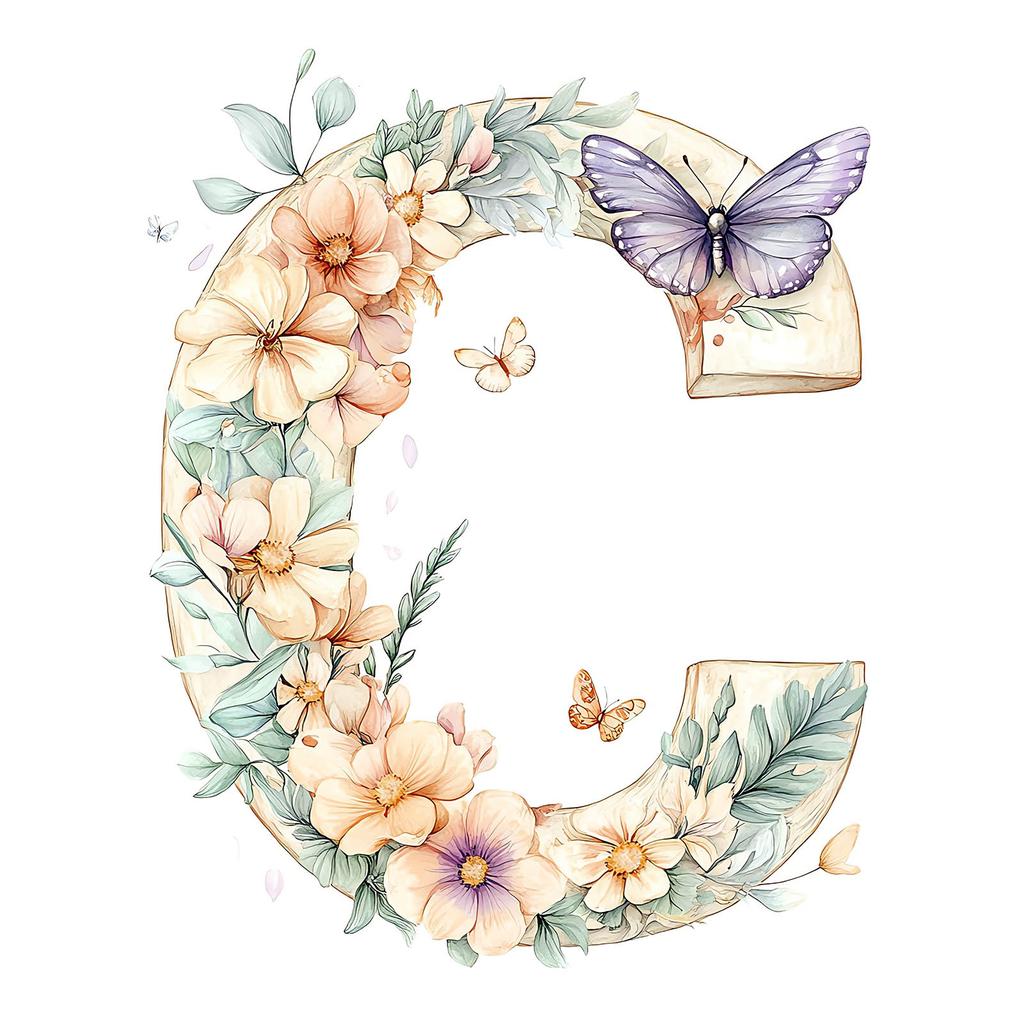Plakat Kwiatowa Litera "C" Z Motylem Plakat Kwiatowa Litera "C" Z Motylem, 30X40 Cm, Rama Drewniana Biała, Papier Matowy 230 Gsm