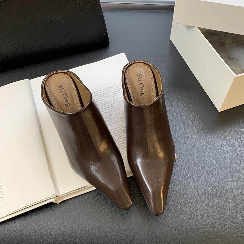 Design Platform Wedges High Heels Mule Baotou Half Women's Leather Slope Heel High Cool Outwear Thick Lazy Muller Shoes