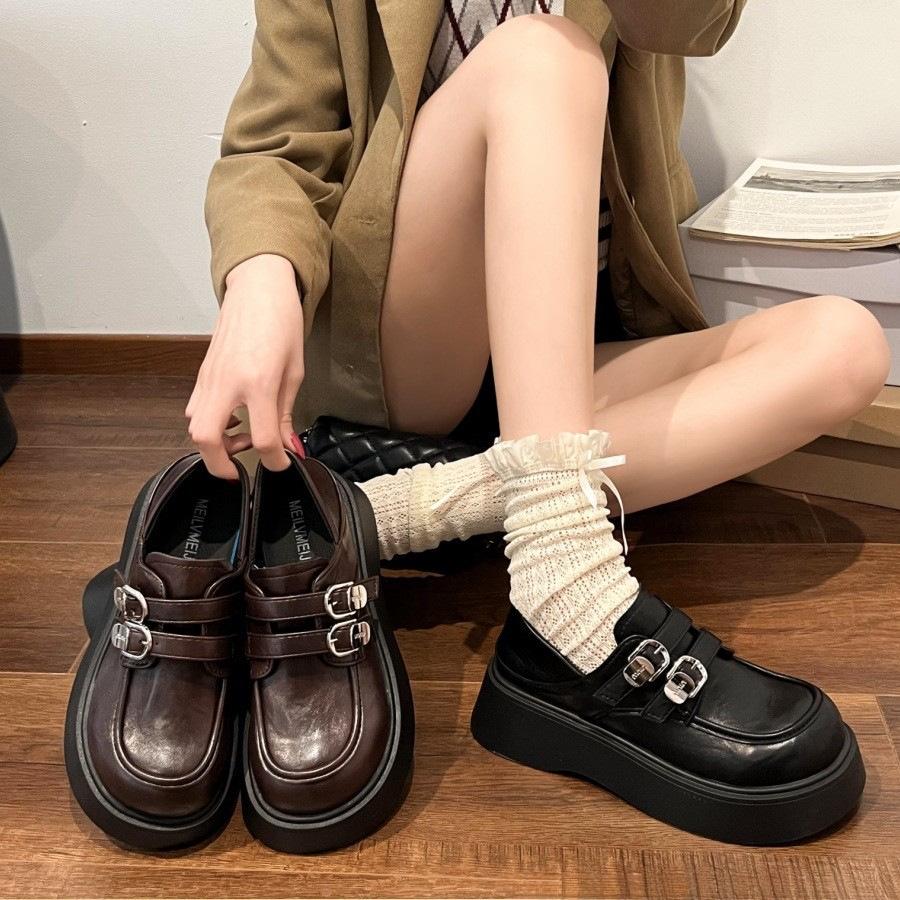 [Uncle Shoes] Muffin Loafers, the New Spring Fashion College Style Increases 2025 Retro Thick-soled Small Leather Shoes for Women