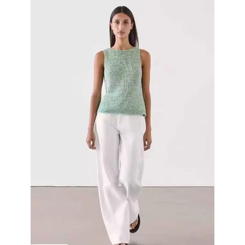MD Women clothes Mint Mambo Green Series Green Color-Inserted Knitted round Neck Vest Sleeveless T-shirt 05736608498