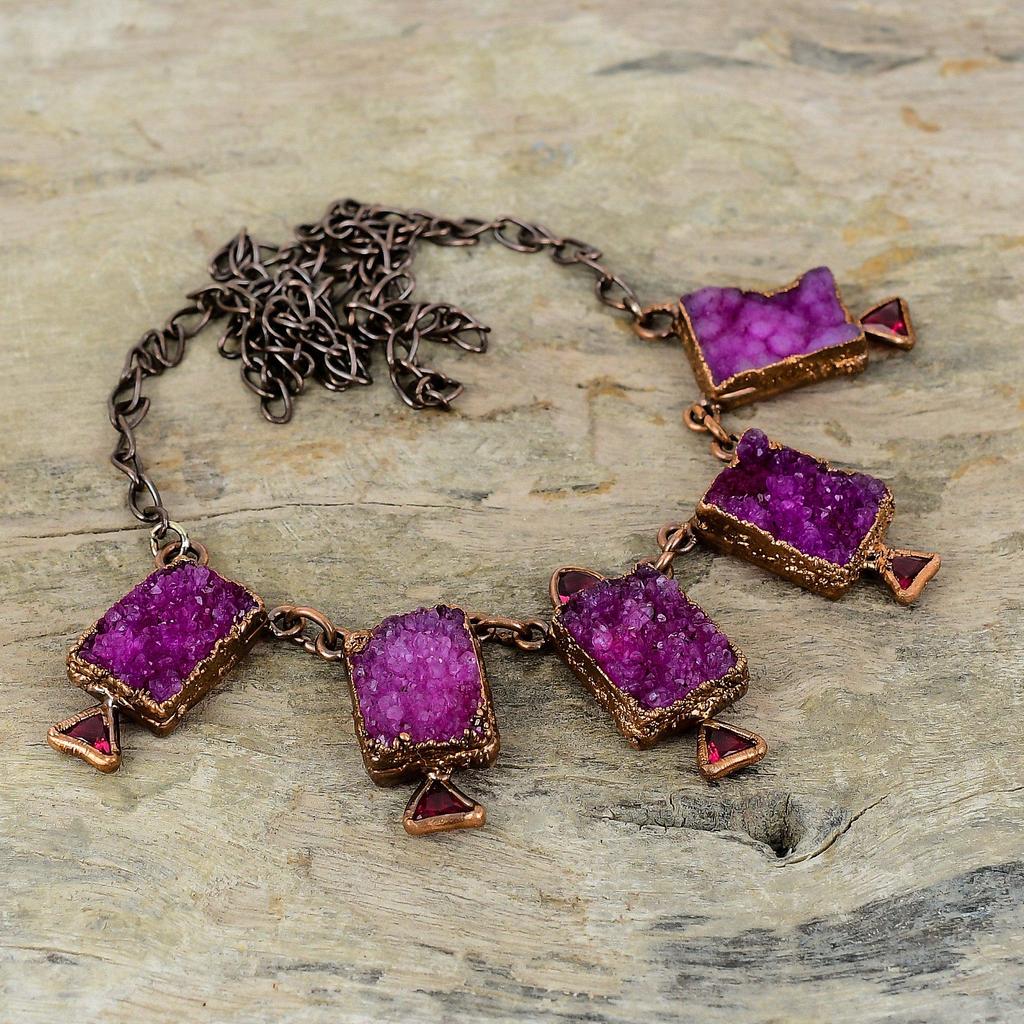 Rosa Druzy Halskette Rosa Turmalin Rohe Halskette Galvanogeformte Kupfer Halskette Verstellbare Kette Halskette Galvanogeformter Edelstein Schmuck
