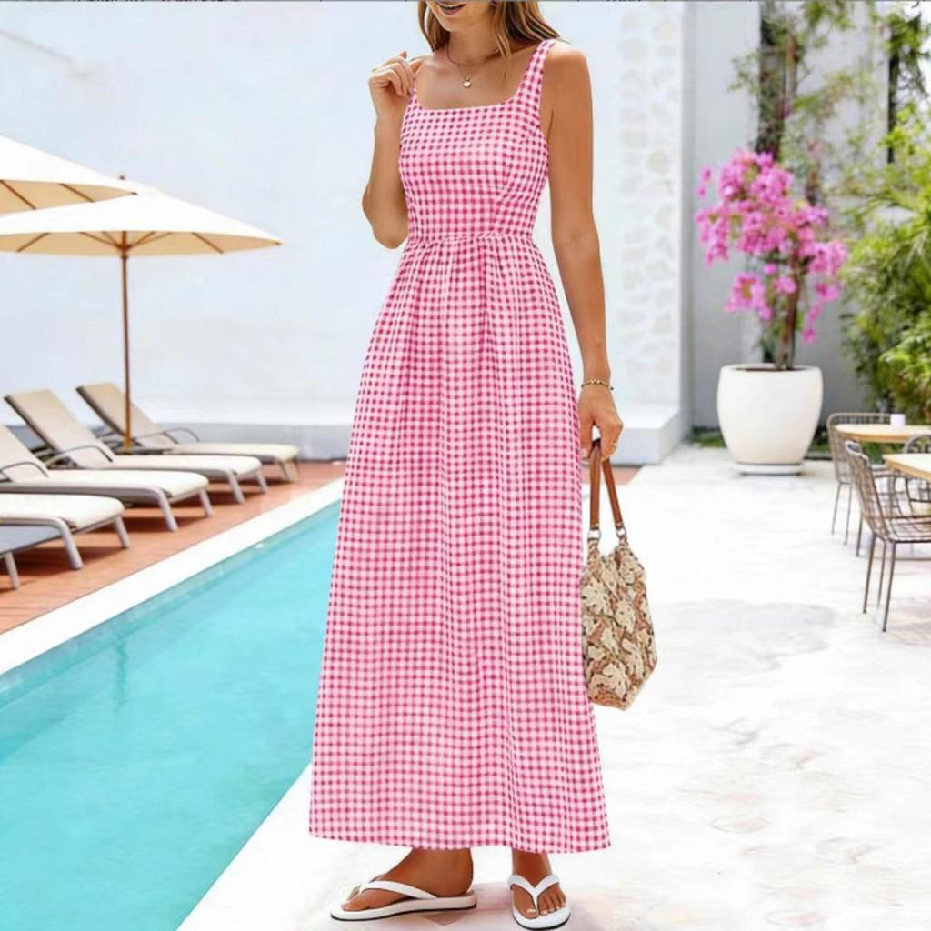 Women Casual Loose Fit Sleeveless Dress Square Neck A-Line Long Maxi Dress with Checkered Pattern Summer Sundress