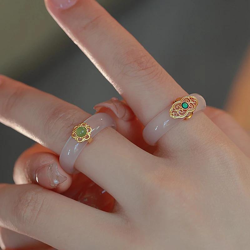 Natural High-ice White Chalcedony Ring Retro Imitation Jade Ring Fashion Delicate Stone Jewellery Hanfu Matching Hand Ornaments