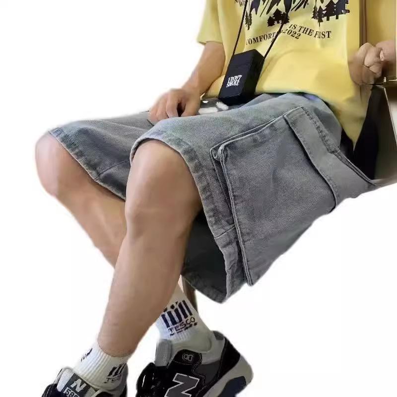 Men's High Street Solid Color Summer Work Shorts with Large Pockets - Trendy Five-Point Style.