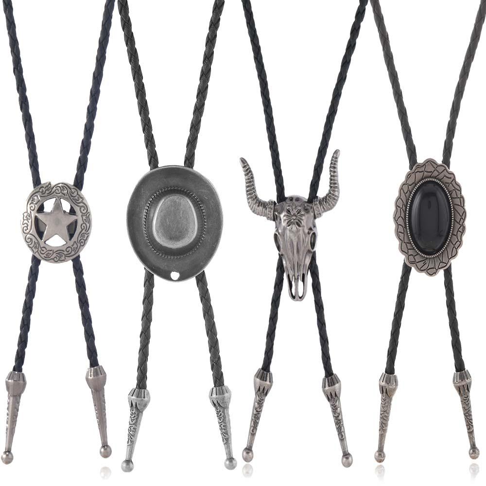 Retro Western Cowboy Bolo Tie with Gold Bull Head and Star Pendant